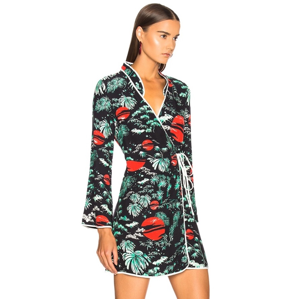 Rixo London Iris Wrap Mini Dress Green Oriental Sky Print Large Kimono
